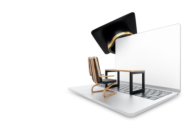 Kreatywny obraz koncepcja edukacji online biurko do nauki laptopa i czapka dyplomowa Renderowanie 3D Ilustracja 3D