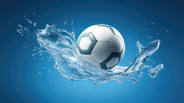 Kreatywny obraz latającej piłki nożnej w kropelkach wody