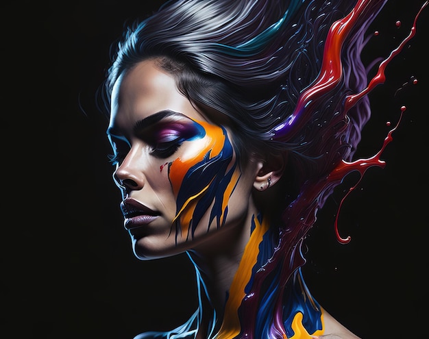 kreatywny portret kobiety z kolorową farbą i jasnym malowaniem makijażu