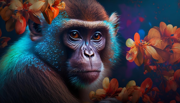 Kreatywny portret małpy przy użyciu wielu żywych kwiatów Generative Ai