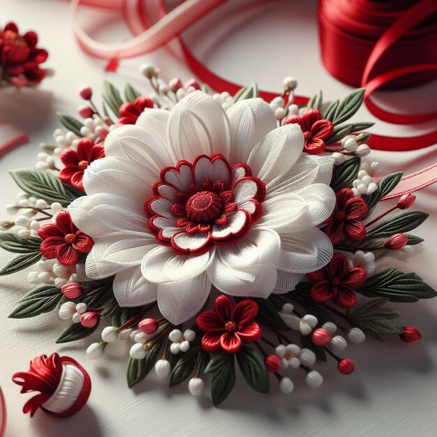 Kreatywny, ręcznie wykonany kwiat czerwony i biały, ręcznie zrobiony kwiat, elegancki, czerwony i biały kwiat.