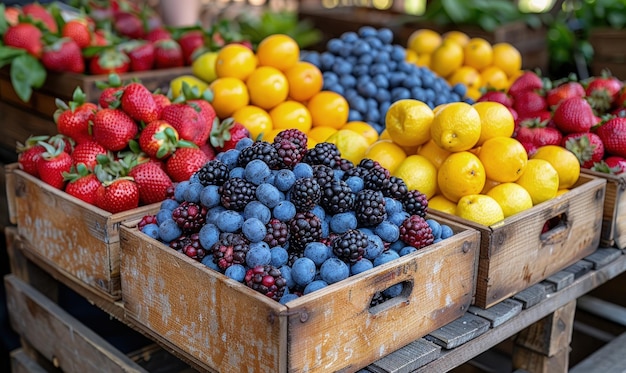 Zdjęcie kreatywny skład owoców bogatych w antyoksydanty wystawiony na targu rolniczym, tętniący życiem i kolorystyczny, z naciskiem na świeżość
