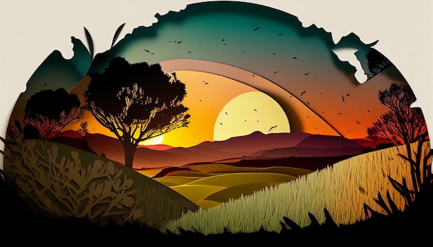 kreatywny styl wycinanki przedstawiający zachód słońca nad łąką latem Generacyjna sztuczna inteligencja