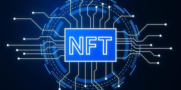 Kreatywny świecący niebieski hologram obwodu NFT na ciemnym tle Niezastąpiony token i koncepcja kryptowaluty Rendering 3D