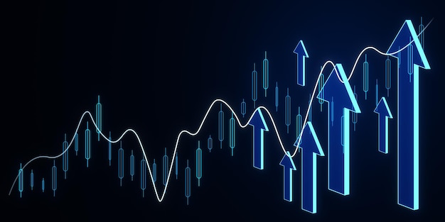 Kreatywny, świecący, rosnący wykres Forex z strzałkami na ciemnym tle Wzrost finansowy i koncepcja akcji Rendering 3D