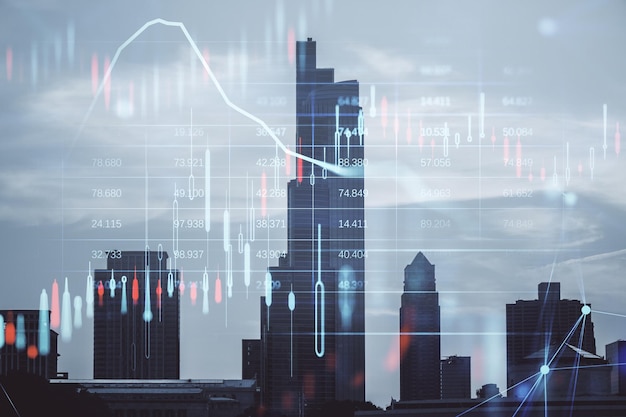 Kreatywny świecący wykres forex i mapa hologram świecowy na tle rozmazanych stonowanych panoramę miasta Rynek inwestycji giełdowych i koncepcja pieniądza Podwójna ekspozycja