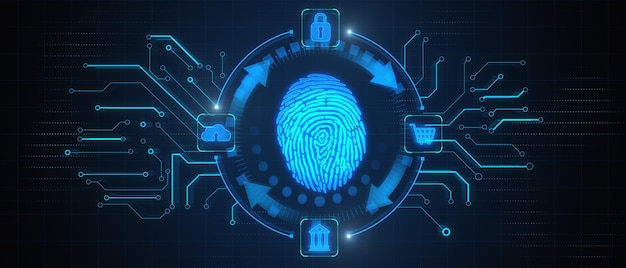 Kreatywny szeroko niebieski interfejs skanowania odcisków palców na ciemnym tle Biometria sieci informacji bezpieczeństwo danych i przyszła koncepcja Rendering 3D