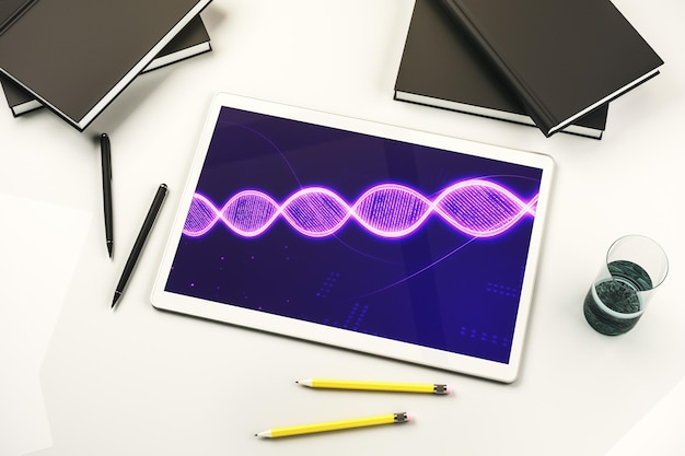 Zdjęcie kreatywny szkic dna na nowoczesnej cyfrowej biotechnologii ekranu tabletu i koncepcji genetycznej widok z góry renderowanie 3d
