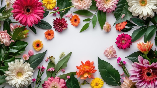 Kreatywny układ wykonany z kwiatów i liści Koncepcja natury ułożona na płasko Karta z pozdrowieniami kwiatowymi Kolorowe tło wiosennych kwiatów Miejsce na tekst Natura Modny wzór dekoracyjny