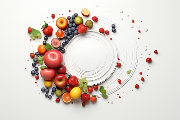 Kreatywny układ wykonany z świeżych owoców i jagód na białym tle
