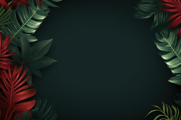 Kreatywny układ wykonany z tropikalnych liści na ciemnym tle Płaski widok z góry na kopię