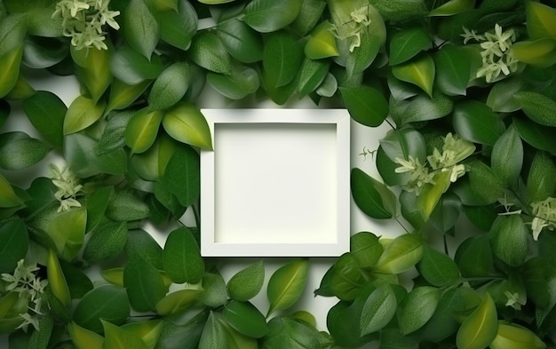Kreatywny układ zielone liście z białą kwadratową ramą płaska układ dla karty reklamowej lub zaproszenia