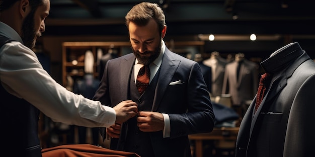 Kręciciel męskich garniturów dostosowuje nowy garnitur dobrze ubrany dżentelmen na zamówienie