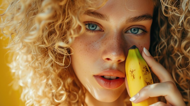 Kręcona blondynka o pięknych oczach trzymająca dojrzałego banana blisko ust w ramach zdrowego stylu życia