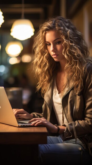 Kręcona blondynka używająca laptopa w kawiarni