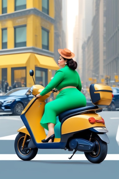 kręcona, elegancka, silna kobieta biznesu prowadząca skuter elektryczny w centrum miasta, ilustracja