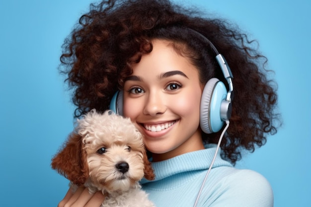 Kręcone ciemnowłosy dziewczyna w ciepłym niebieskim swetrze trzyma szczeniaka Portret uśmiechniętej młodej brązowooki kobiety z słuchawkami na niebieskim tle Kobieta lubi muzykę i uściska psa Generatywna sztuczna inteligencja