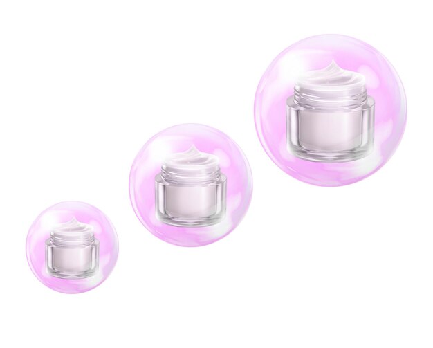 Krema kosmetyczna i olbrzymie pęcherzyki mydła w ilustracji 3D