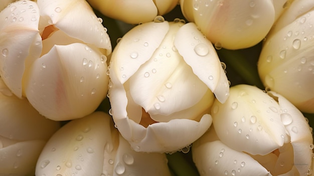 Kremowe kwiaty tulipanów na tle kropli wody Zbliżenie kwiatów z kropelkami Generacyjna sztuczna inteligencja