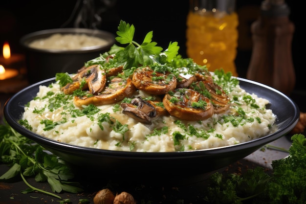 kremowe risotto ugotowane do perfekcji i przyozdobione smażonymi grzybami, wytworzone świeże zioła