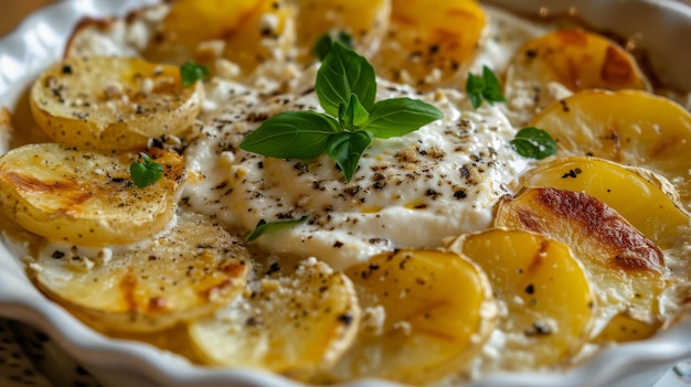 Zdjęcie kremowy biały sos na serowym pieczonym pociętym ziemniaku podawany na białym potrawie domowe potrawy komfortowe