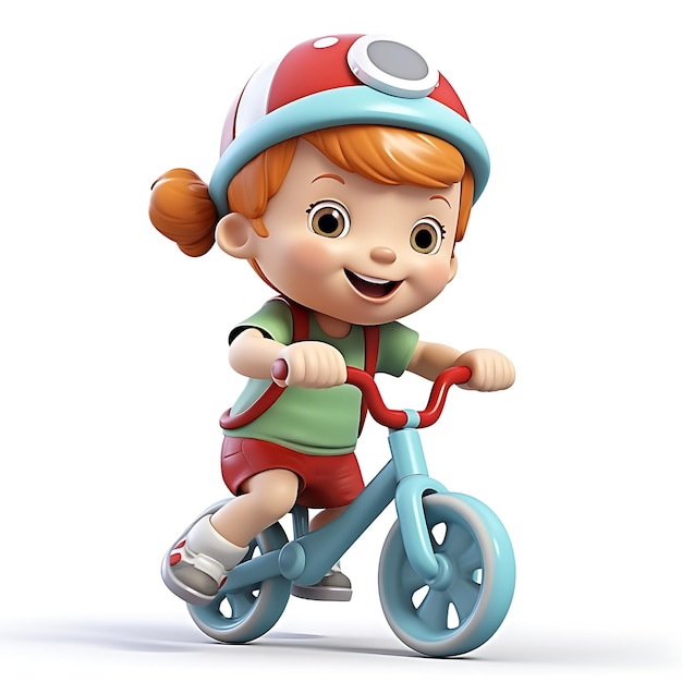 Kreskówka 3D dzieciak jedzie na rowerze na białym tle