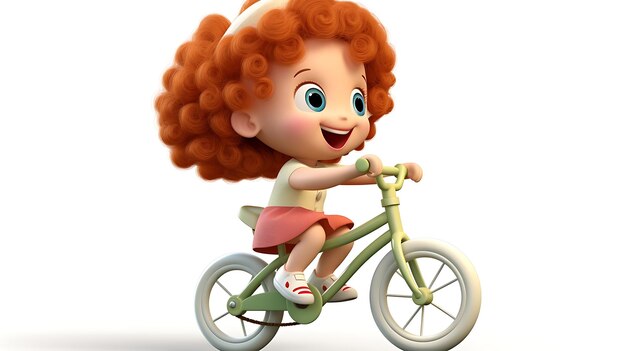 Zdjęcie kreskówka 3d dzieciak jedzie na rowerze na białym tle