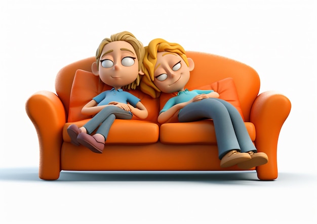 Kreskówka 3D mężczyzna i kobieta śpią na izolowanej sofie