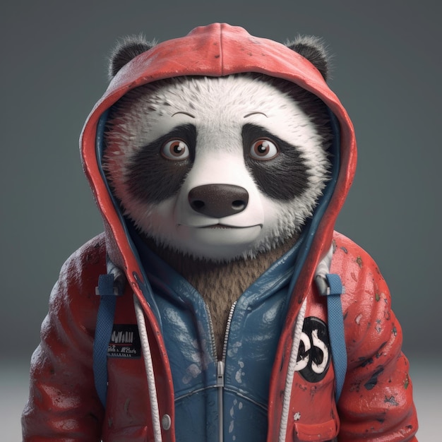 Kreskówka 3D Panda niedźwiedź portret na sobie ubrania okulary kapelusz i kurtka stojąca z przodu