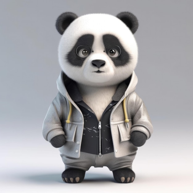 Kreskówka 3D Panda niedźwiedź portret na sobie ubrania okulary kapelusz i kurtka stojąca z przodu