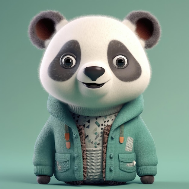 Kreskówka 3D Panda niedźwiedź portret na sobie ubrania okulary kapelusz i kurtka stojąca z przodu