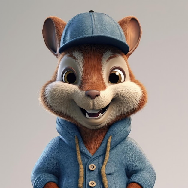 Kreskówka 3D portret wiewiórki na sobie ubrania okulary kapelusz i kurtka stojąca z przodu