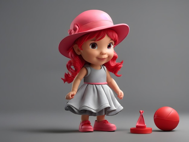 Kreskówka 3D przedstawiająca dziewczynę w różowej sukience i czerwonym kapeluszu bawiącą się zabawką na szarym tle