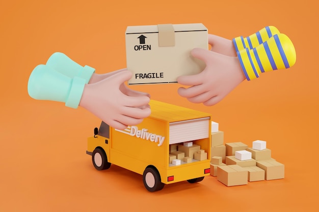 Kreskówka 3D ręka przyjmująca dostawę pudełek od dostawymanxA