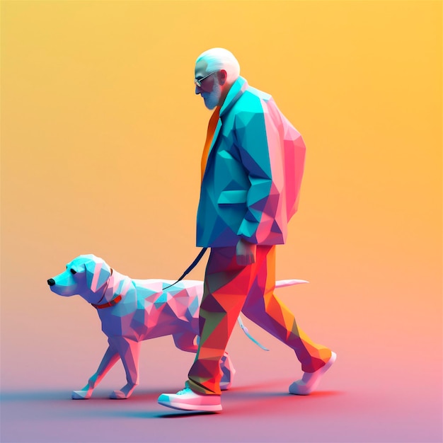 Kreskówka 3D stylizowana ilustracja starszego mężczyzny chodzącego z psem przewodnikiem AI wygenerowanym