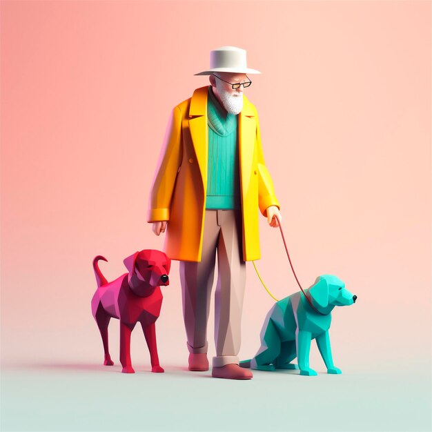 Kreskówka 3D stylizowana ilustracja starszego mężczyzny chodzącego z psem przewodnikiem AI wygenerowanym