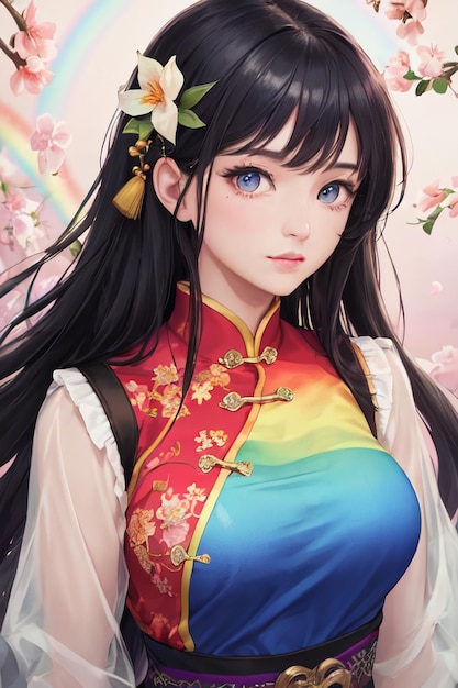 Kreskówka anime chiński styl cheongsam kostium piękna dziewczyna tapeta tło ilustracja