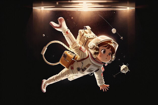 Zdjęcie kreskówka anime space traveling astronauta pływające bez grawitacji tapeta tło ilustracja