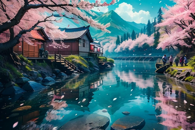 Kreskówka anime styl wieś rzeka górskie drzewo natura krajobraz tapety ilustracja tło