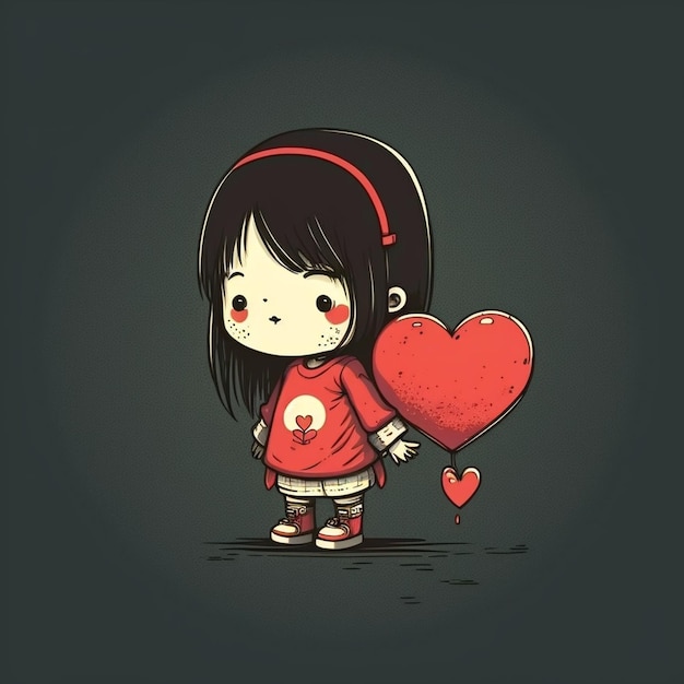 Kreskówka Azjatycka dziewczyna trzyma czerwone serce
