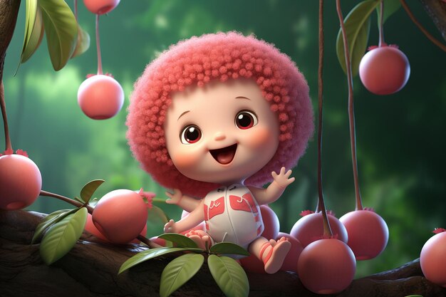 Zdjęcie kreskówka baby lychee z postacią model 3d