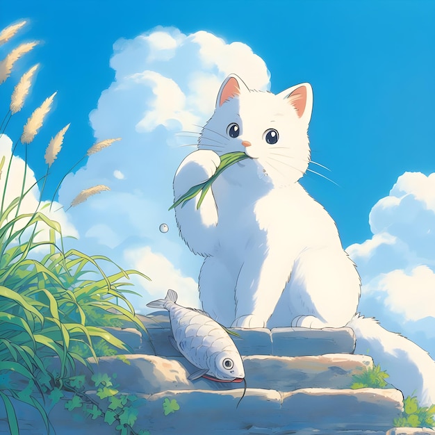 Kreskówka biały kot i ryby na tle błękitnego nieba