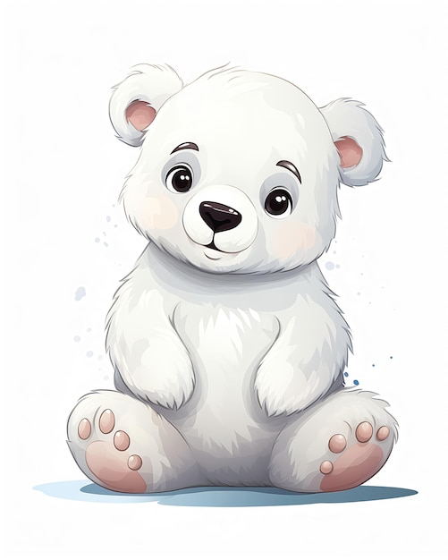 kreskówka biały niedźwiedź polarny siedzący na ziemi z skrzyżowanymi łapami ilustracja brązowe oczy długie unikaj duplikatu