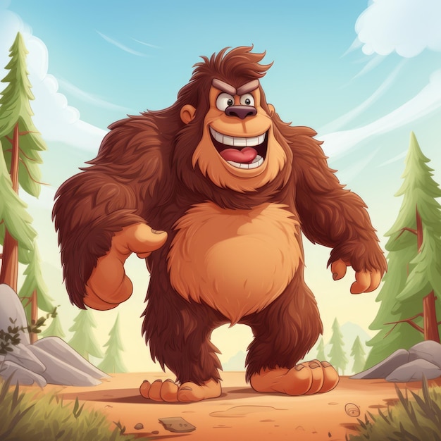 Kreskówka Bigfoot Walking Urocza ilustracja przedstawiająca brązową małpopodobną bestię w artystycznym stylu