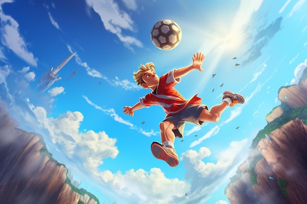 kreskówka chłopca grającego w piłkę nożną z niebieskim niebem i chmurami.
