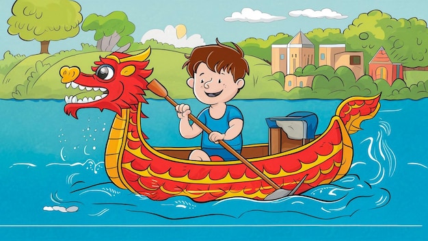 Zdjęcie kreskówka chłopca jeżdżącego łodzią z smokiem z przodu