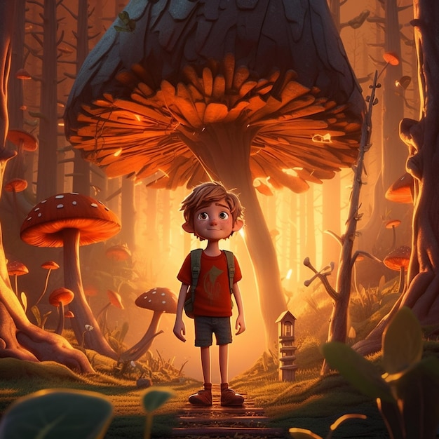 kreskówka chłopiec stojący przed grzybem w lesie generatywnym AI