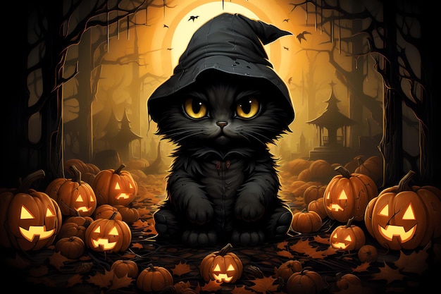 Kreskówka czarny kot Szablon karty z pozdrowieniami na Halloween Generative AI