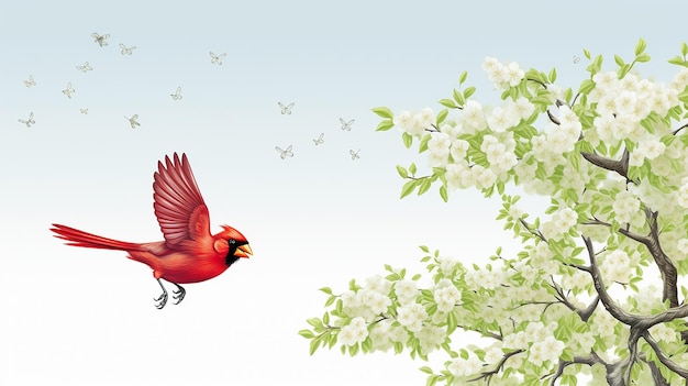 Kreskówka czerwony kardynał latający w pobliżu jabłoni
