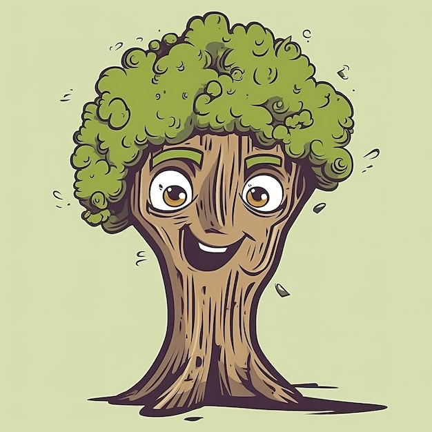 Kreskówka drzewa z twarzą i twarzą, która mówi „szczęśliwy”.